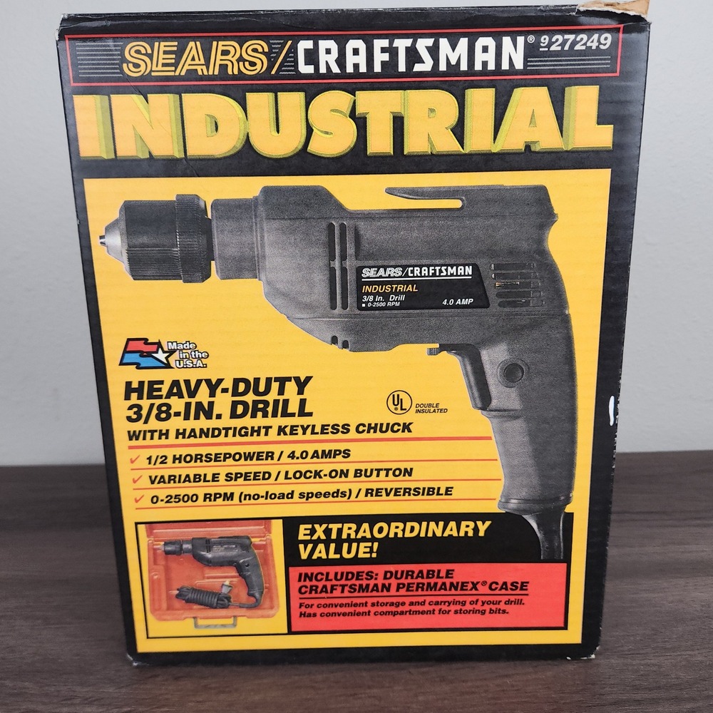Vintage Craftsman Industrial 3/8" Drill 927249 Heavy Duty Keyless Chuck USA Case